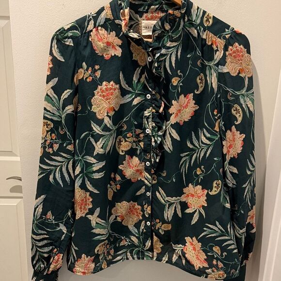 Sezane Chemise Chlo Dark Green Floral Blouse size 42/10 - Picture 3 of 12